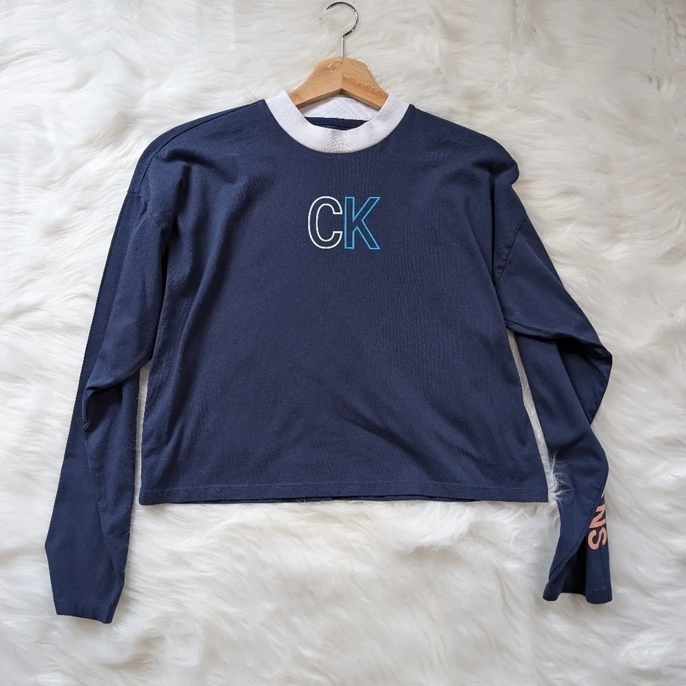 Calvin Klein Jeans Logo Crop Top Blue Women's S Y2K Athleisure Cotton - Picture 2 of 4